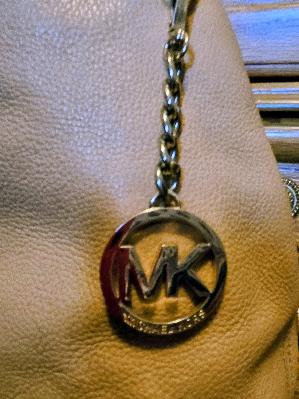 Michael Kors Beige-Tan Pebbled Leather Shoulder Bag with Gold Chain Straps